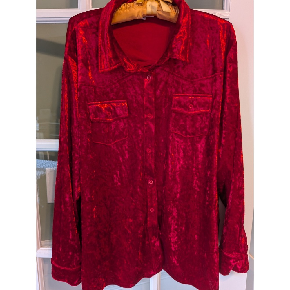 Back In The Saddle Red Crushed Velvet Western Button Down Shirt Plus 2X NWOT
